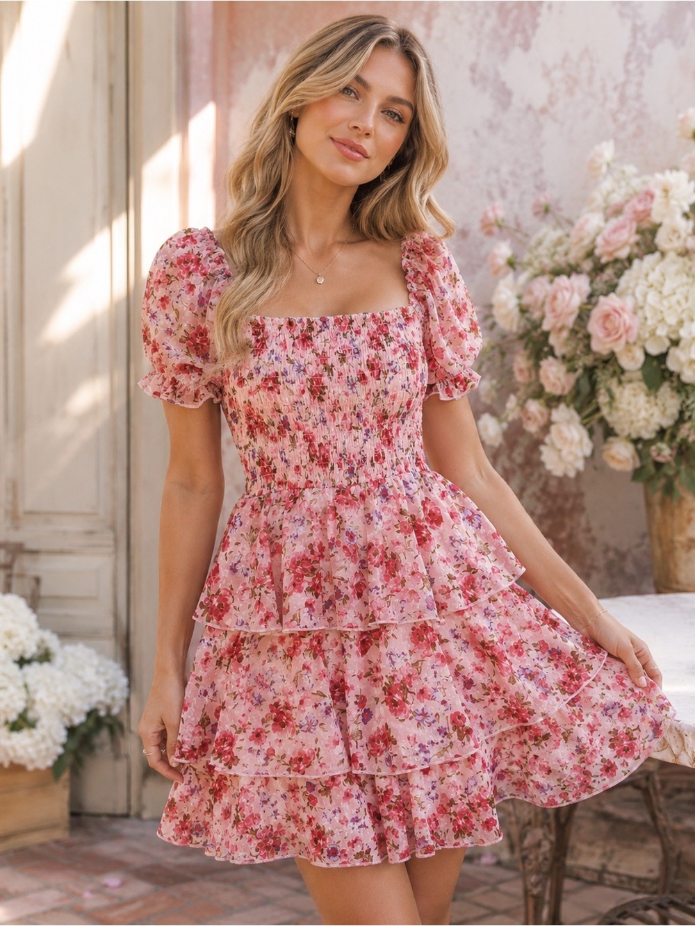 Thirty Thirty Pink Floral Puff Sleeve Ruffle Mini Dress XS Cottagecore